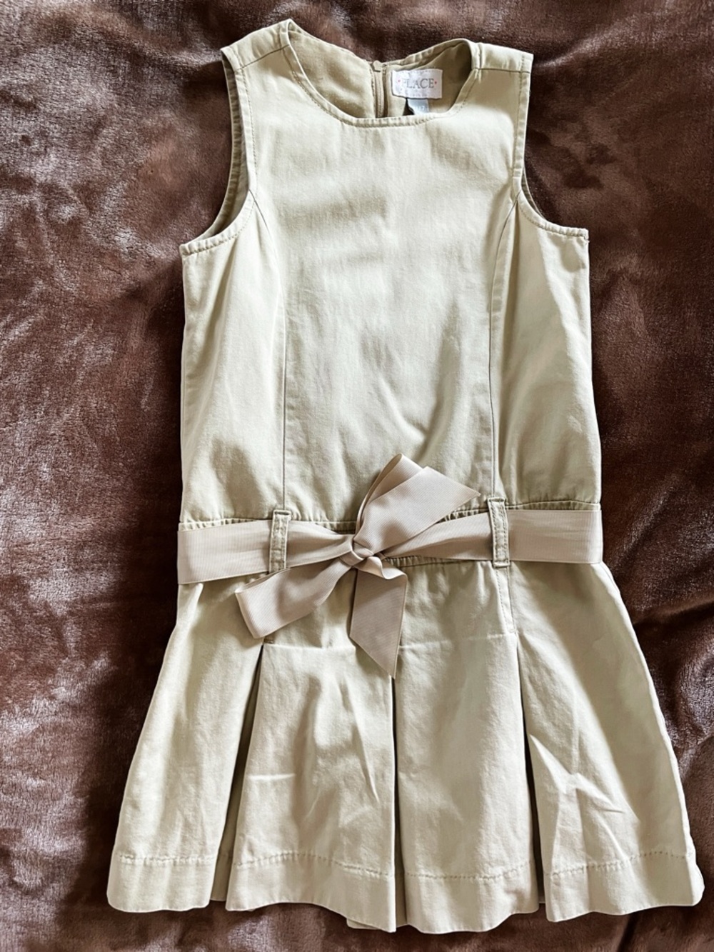 Place Girls Khaki Sleeveless Jumper Dress with Bow Belt School Uniform Size 6/7